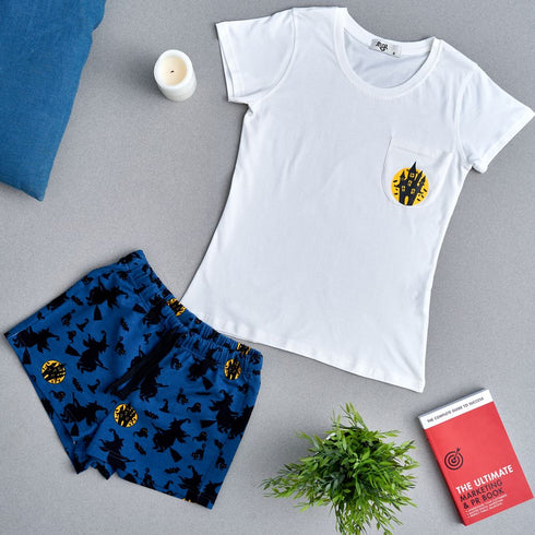 Women summer pajama set Off White T-shirt + Witches shorts